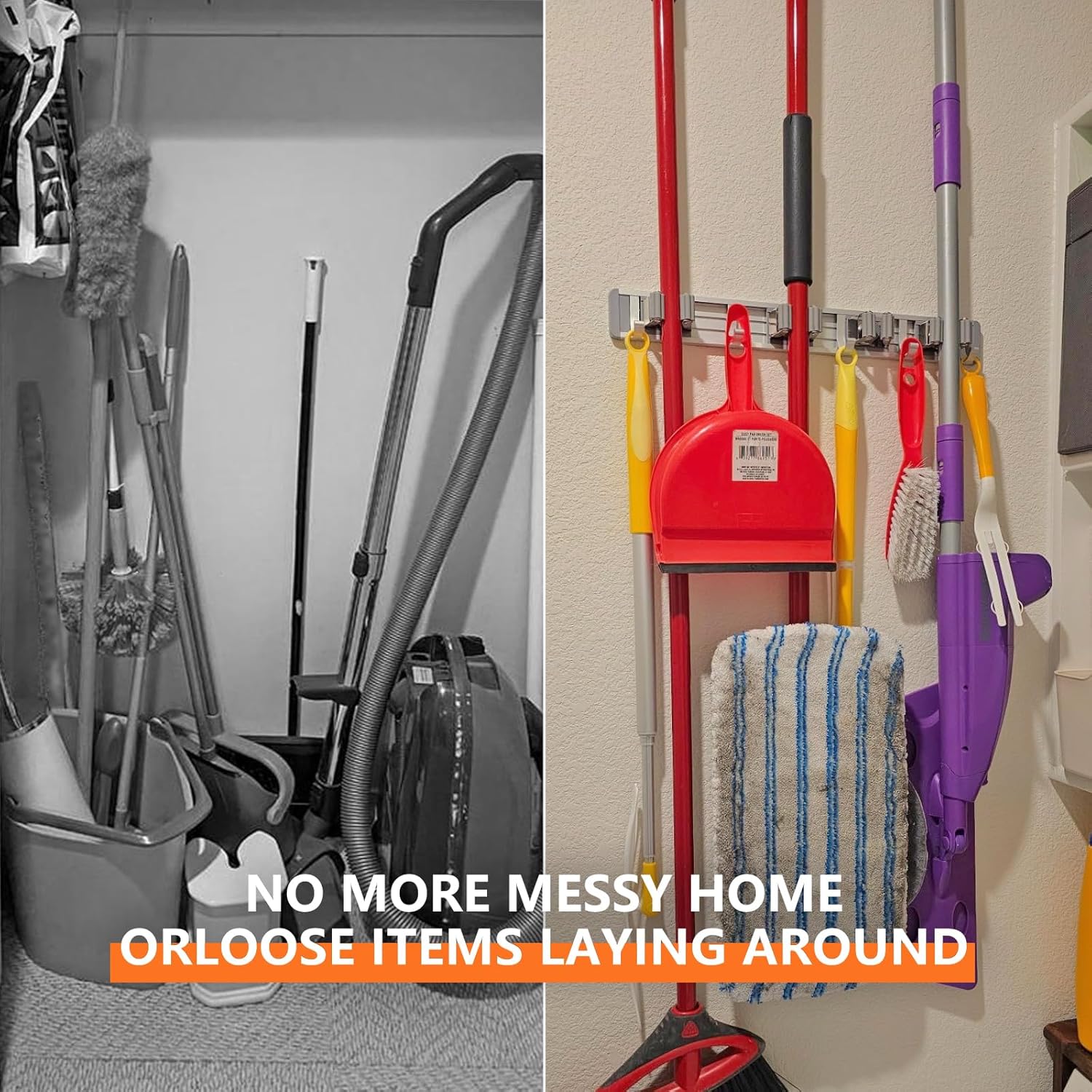 Adjustable Broom Holder Wall Mount, Mop Storage Tool Racks, Broom Hanger Tool Organizer for Garage, Kitchen, Garden, Laundry Room, 4 Racks 5 Hooks Silver