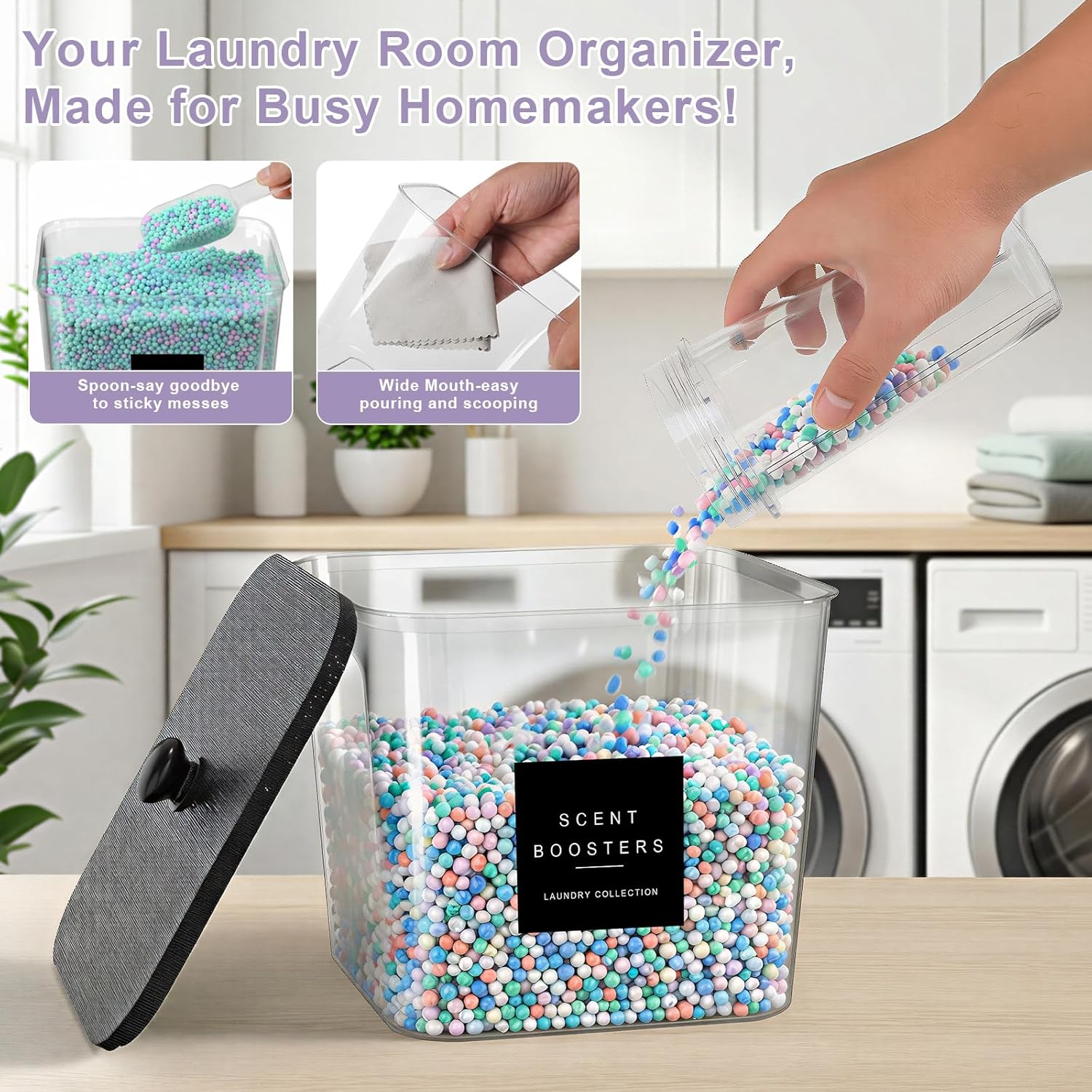 POLRAI Laundry Pod Containers and Dryer Sheet Holder and Laundry Detergent Dispenser Clear Laundry Room Organization and Storage with Wooden Lids Labels and spoon